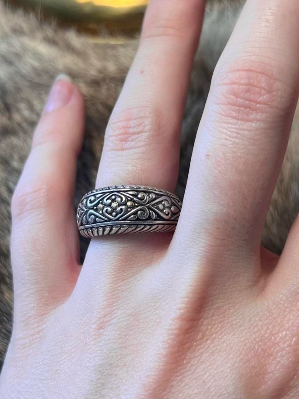 Sterling silver and 18k yellow gold Robert Manse Indonesian scroll band ring